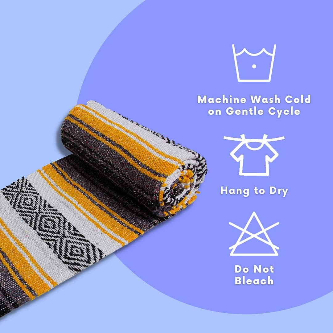 Mexican Yoga Blanket | Colorful Falsa Serape | Park Blanket, Yoga Towel, Picnic, Beach Blanket, Patio Blanket, Soft Woven Saddle Blanket, Boho Home Décor (Yellow)