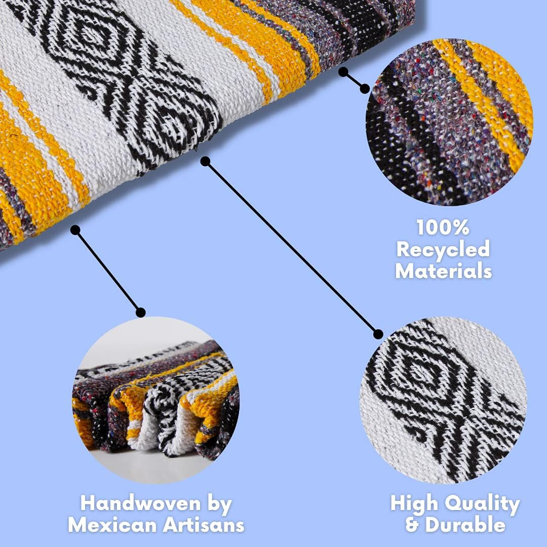 Mexican Yoga Blanket | Colorful Falsa Serape | Park Blanket, Yoga Towel, Picnic, Beach Blanket, Patio Blanket, Soft Woven Saddle Blanket, Boho Home Décor (Yellow)