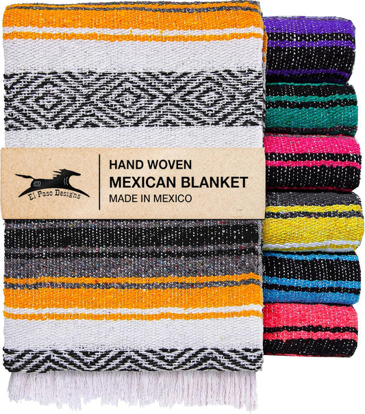 Mexican Yoga Blanket | Colorful Falsa Serape | Park Blanket, Yoga Towel, Picnic, Beach Blanket, Patio Blanket, Soft Woven Saddle Blanket, Boho Home Décor (Yellow)