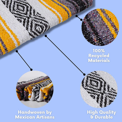 Mexican Yoga Blanket | Colorful Falsa Serape | Park Blanket, Yoga Towel, Picnic, Beach Blanket, Patio Blanket, Soft Woven Saddle Blanket, Boho Home Décor (Yellow)